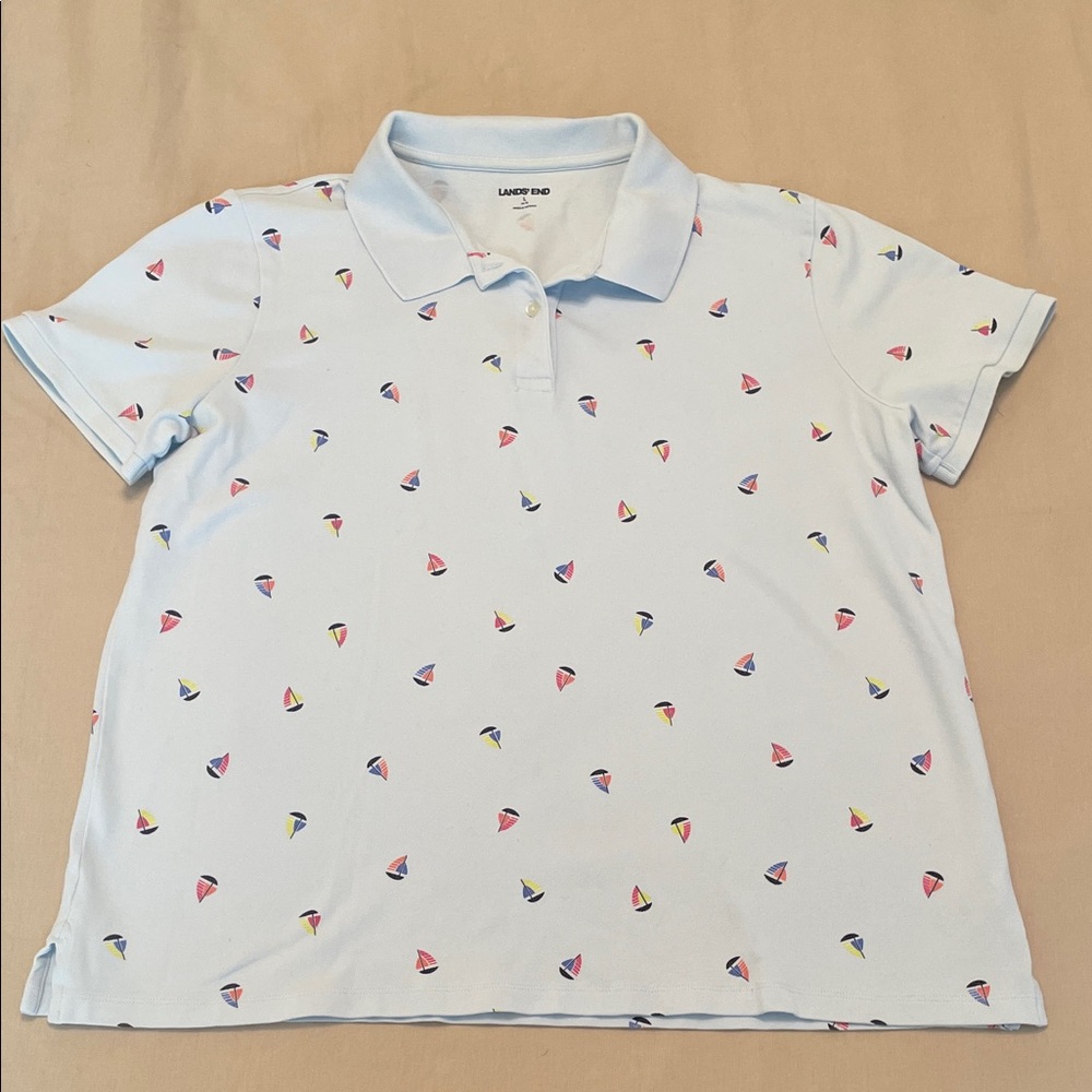 Lands' End Women’s Sky Blue Polo Multicolor Sailboat Print SzL Casual Preppy
